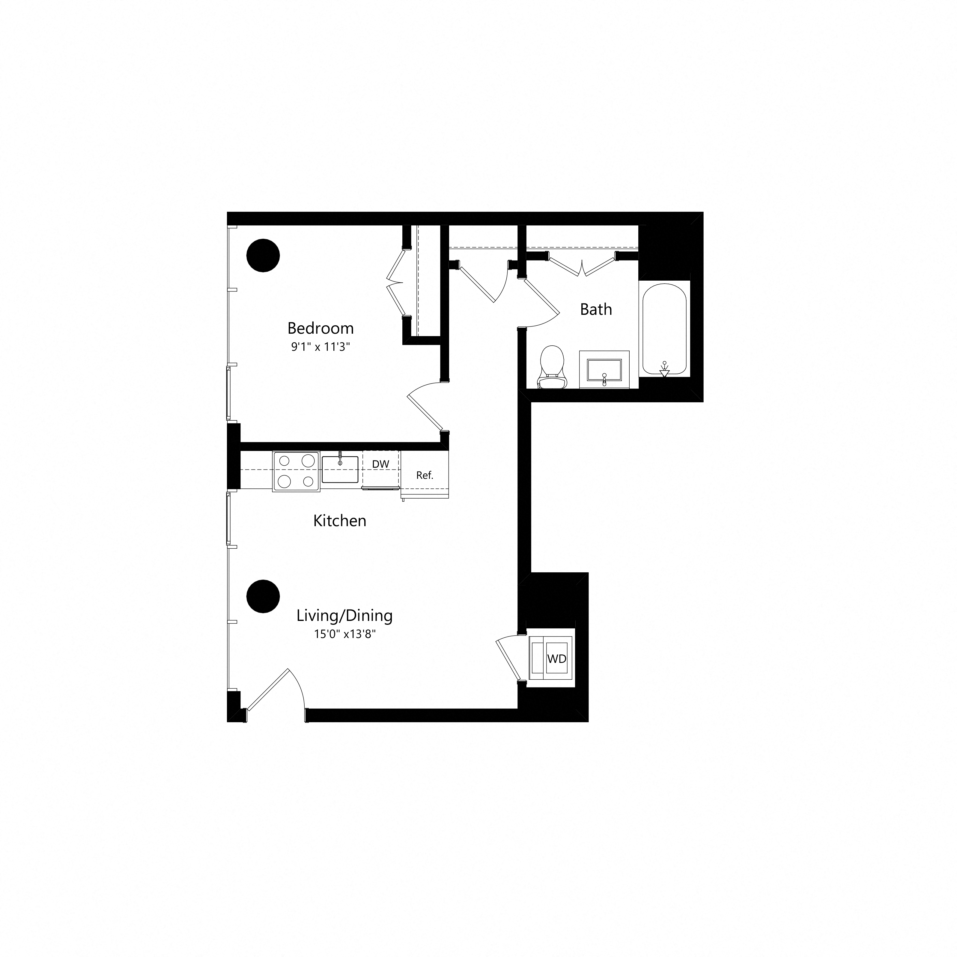 Floor plan for 1 bed, 1 bath, 529 sqft